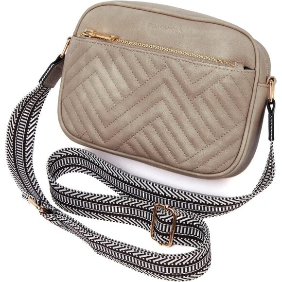 Women Grey White Imported Vegan Leather Quilted Small Shoulder Crossbody Handbag - Picture 8 of 8
